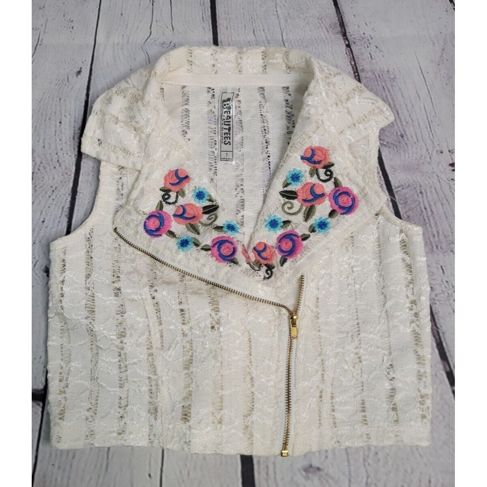 Beautees Girl's Embroidered Flower Zip Up Vest size 7